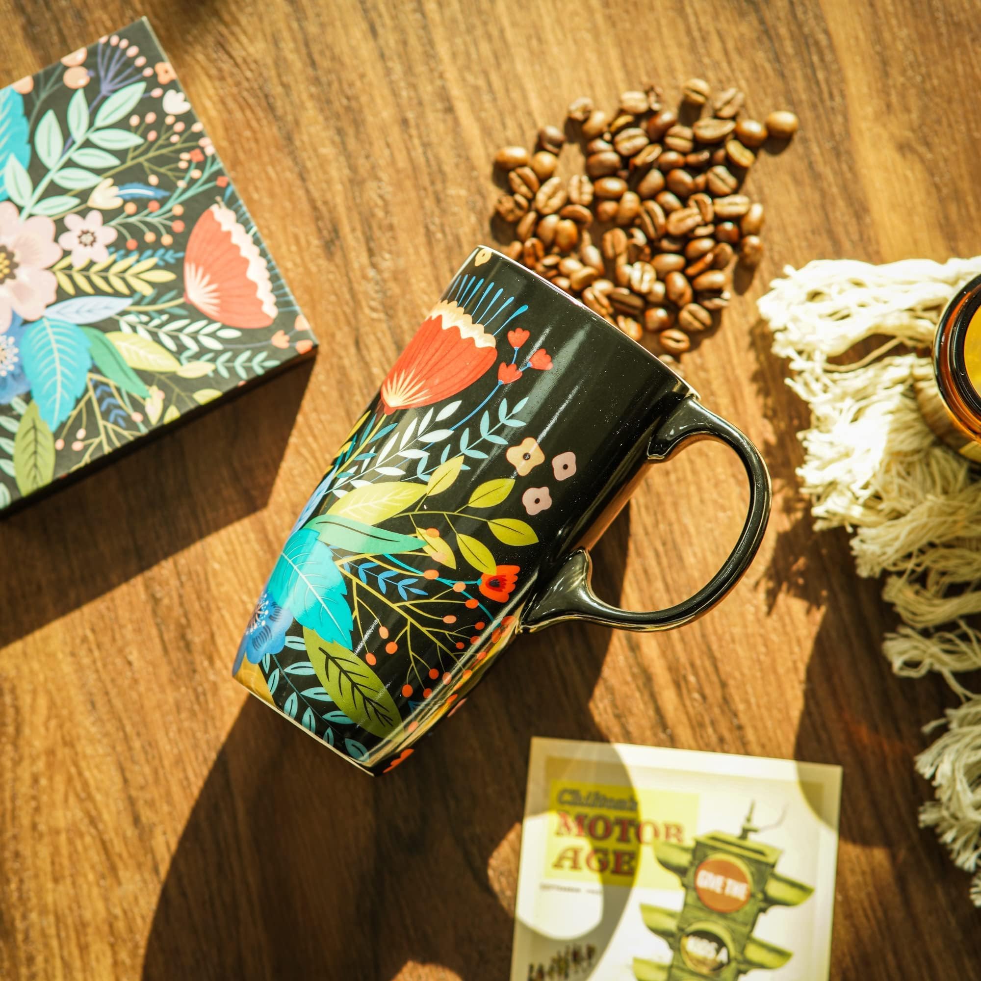 DUSVALLY 17oz Ceramic Travel Mug with Lid - Black and Floral Large Coffee Cup, Porcelain To-Go Latte Tea Cup with Gift Box for Car & Office