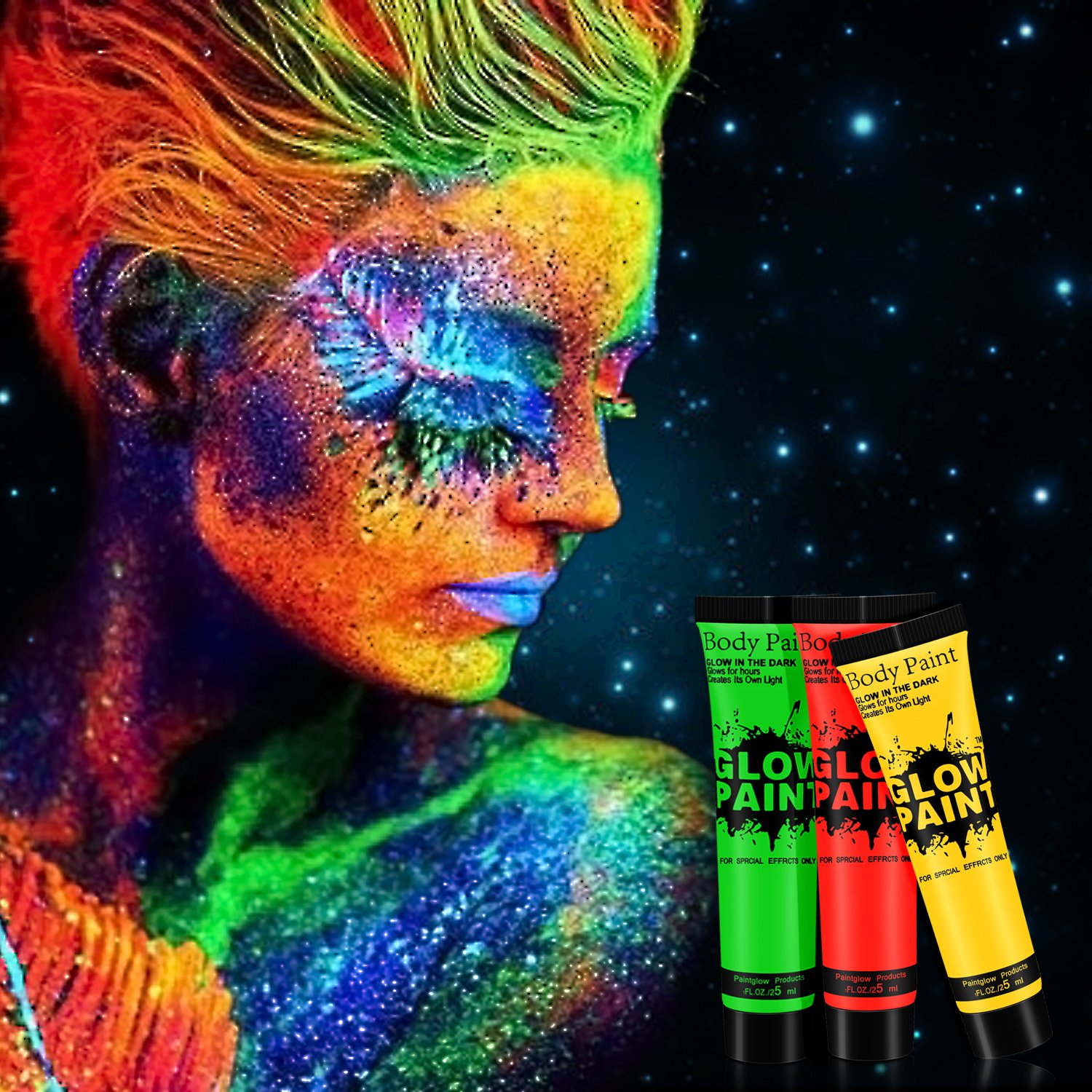 TENVA UV-Licht Bodypainting Schminke, Schwarzlicht-Körperfarbe für Body und Facepainting Fluoreszierende Farben Schminkset für knalligen Glow-Effekt