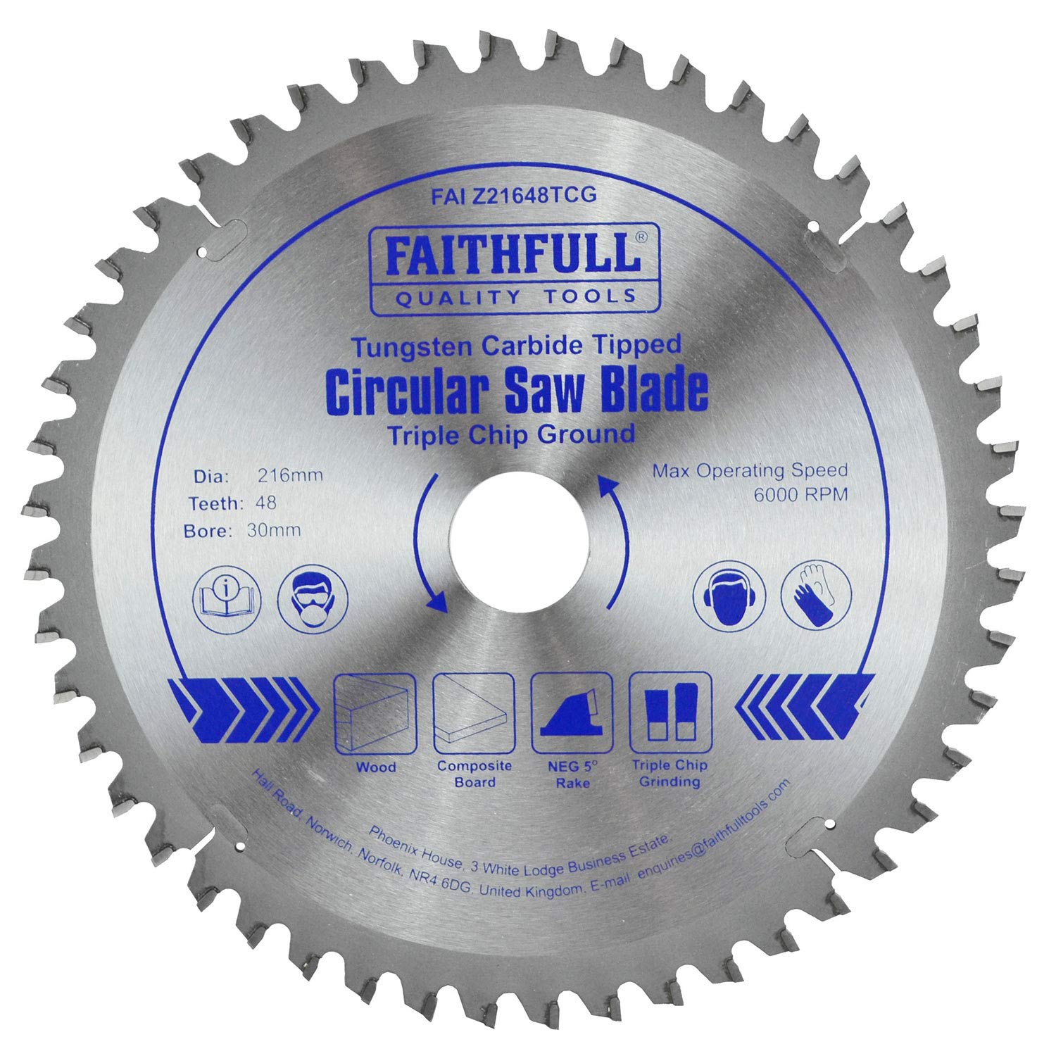 Faithfull FAIZ21648TCG TCT Circular Saw Blade Triple Chip Ground 216mm x 30mm Bore x 48 Teeth