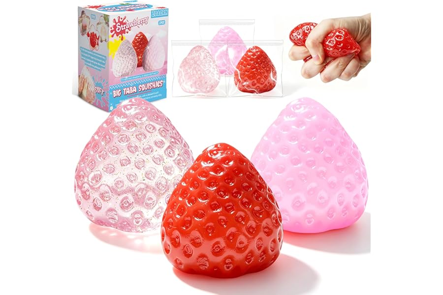 3Pcs Big Taba Squishies Strawberry, Cute Strawberry Squeeze Toys, Upgrade Fruit Squishies, Kawaii Sticky Stress Toy, Clear Fidget Toys, Valentines Gift for Kids, Teen Boys Girls Birthday Gift Ideas