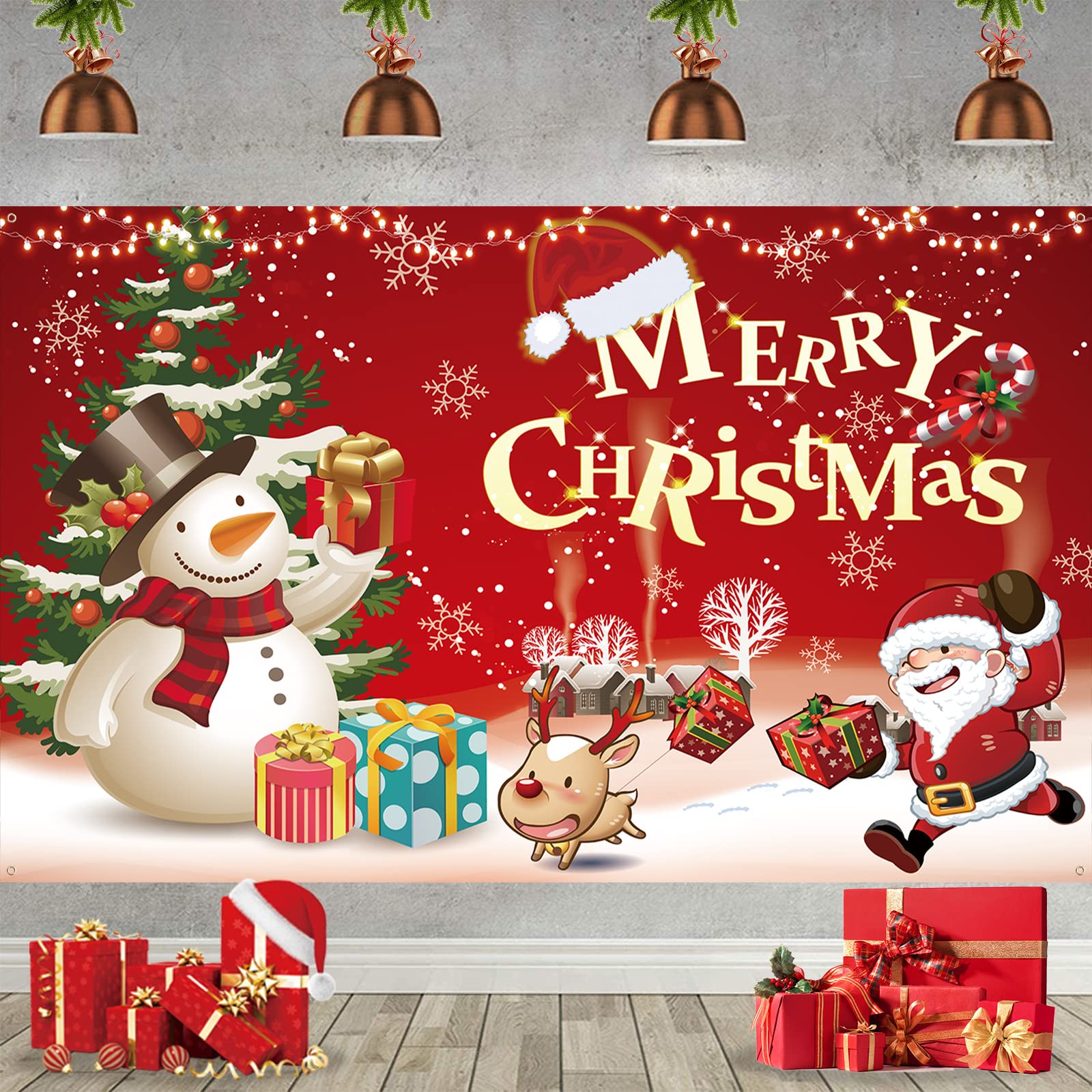 Christmas Banner Backdrop, Large Merry Christmas Banner Decoration, Red Santa Snowman Fabric Xmas Photo Booth Sign Background Decor, Xmas Hanging Backdrop for Indoor Outdoor Party Supplie