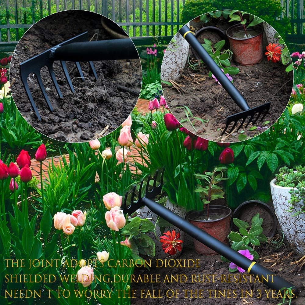 Kemaier Garden Hand Rake - 6 Tines Metal Garden Cultivator Rake, Small Garden Hand Tiller Tools with High Carbon Steel Heads for Planting : Garden & Outdoor