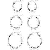 Sllaiss 3 Pairs Sterling Silver Round Hoop Earring for Women Lightweight Click-Top Hoop Earring Hypoallergenic 10-20MM