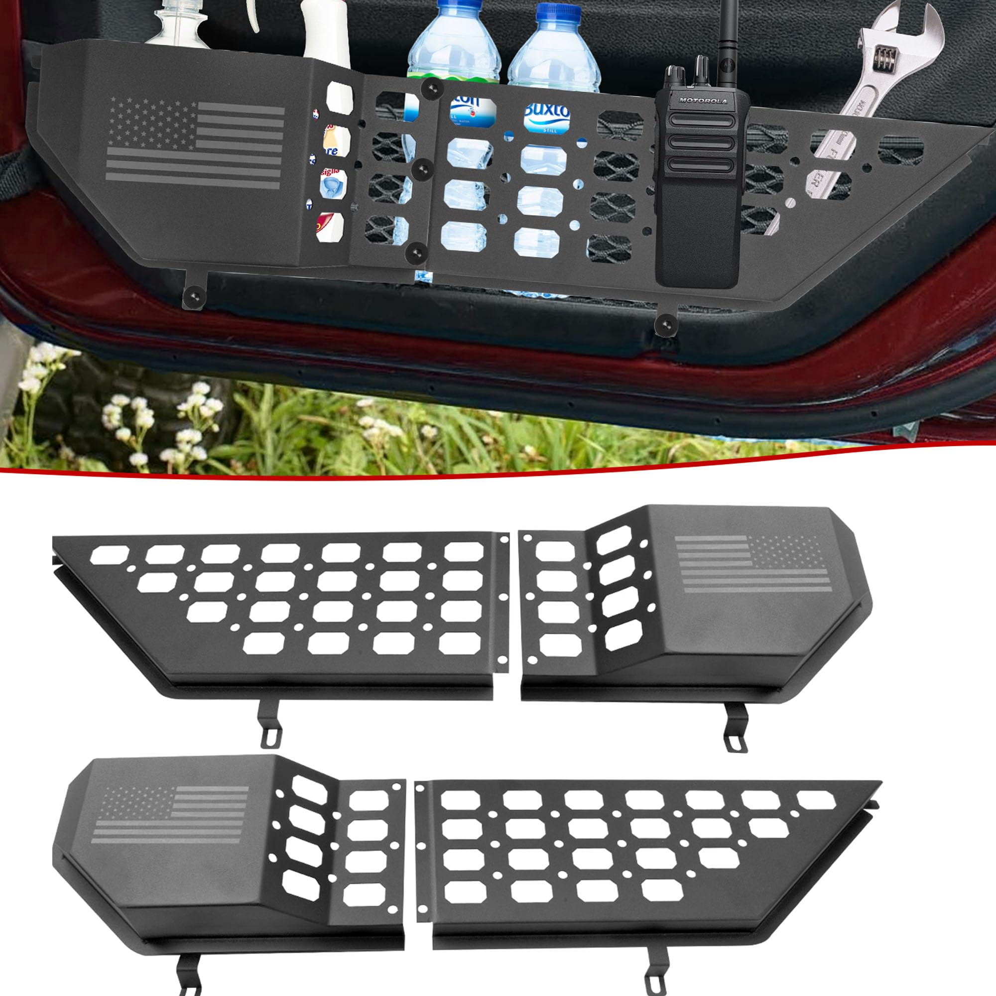 Photo 1 of Metal Front Door Storage Box Fit for Jeep Wrangler, Door Net Pockets Replacement Side Insert Organizer Box Compatible JL JLU 4XE 2018-2024 & Gladiator JT 2020-2024 Interior Door Storage Accessories