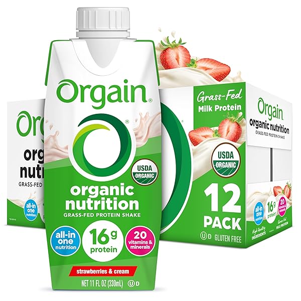 ORGAIN ORGANIC NUTRITIONAL PROTEIN SHAKE, STRAWBERRIES & CREAM – 16G GRASS FED WHEY PROTEIN, MEAL REPLACEMENT, 20 VITAMINS & MINERALS, FRUITS & VEGETABLES, GLUTEN FREE, NON-GMO, 11 FL OZ (12 PACK)
