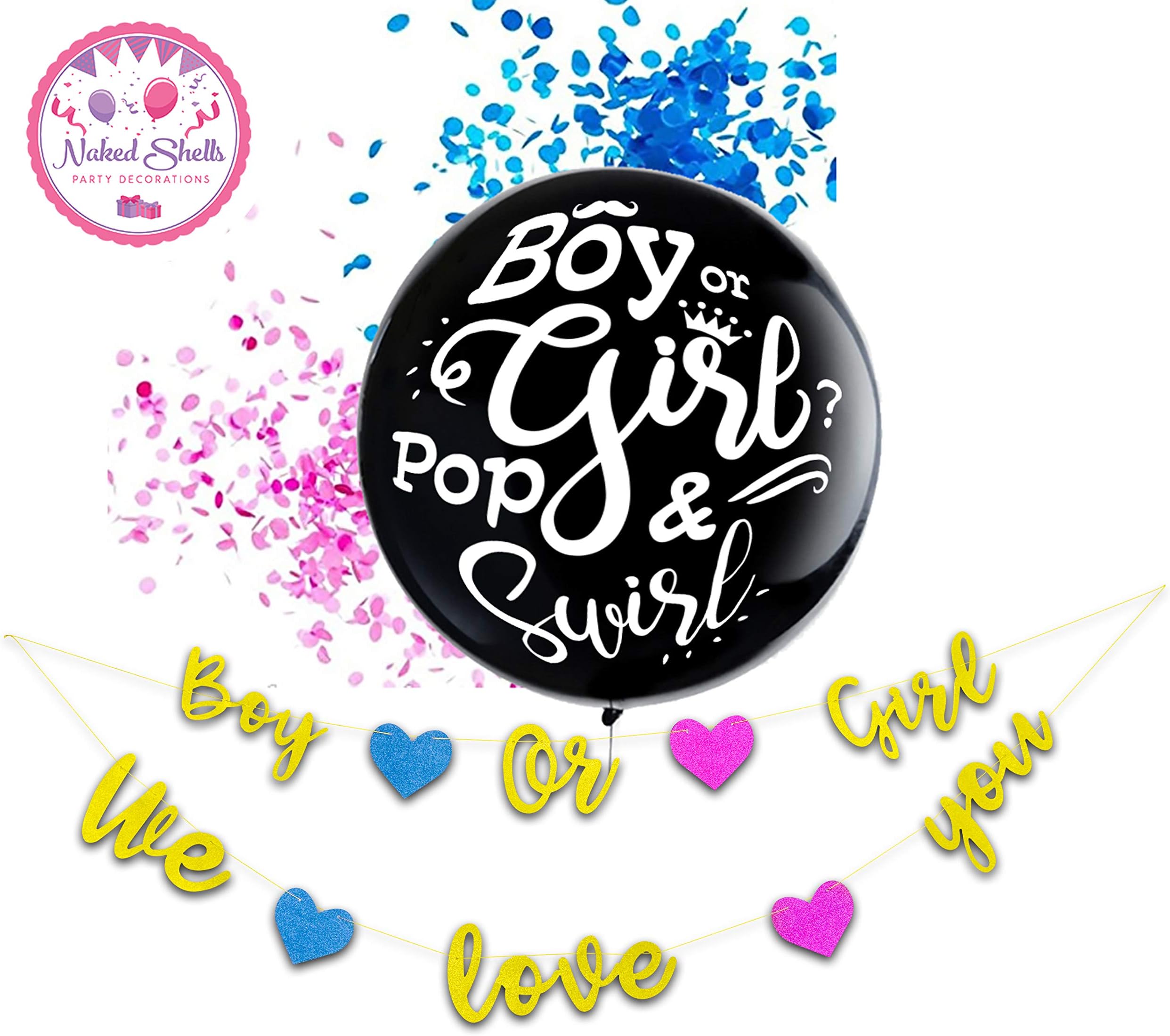 NAKED SHELLS Pack of 2 Items|1- Giant 32inch with pink and blue confetti balloon + 1 STUNNING Gold Glitter Gender Reveal banner suitable for Baby Showers |Gender reveal decorations |
