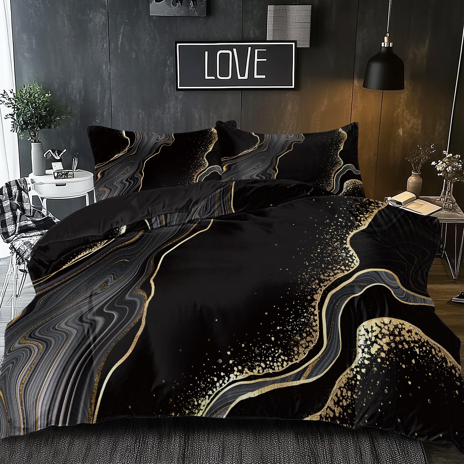 BlessLiving Black Gold Grey Marble Bedding Watercolor Marble Duvet Cover Set Abstract Chic Printed Design Quilt Cover Super King-Size 1 Duvet Cover 2 Pillowcases