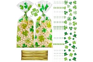 AREOK Clear St Patricks Day Cellophane Treat Bags - 100 Pcs Clear St Patricks Day Goodie Gift Bags for Favors, St. Patrick Day Shamrock Plastic Gift Candy Bag with Ties