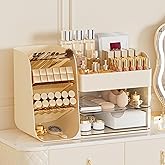 FYABREEK Makeup Organizer with 2 M Drawers & Brush Holders - Cosmetic Storage Case for Vanity, Bathroom Countertop & Desk - Skincare & Office Supplies Organizer (Cream, M)