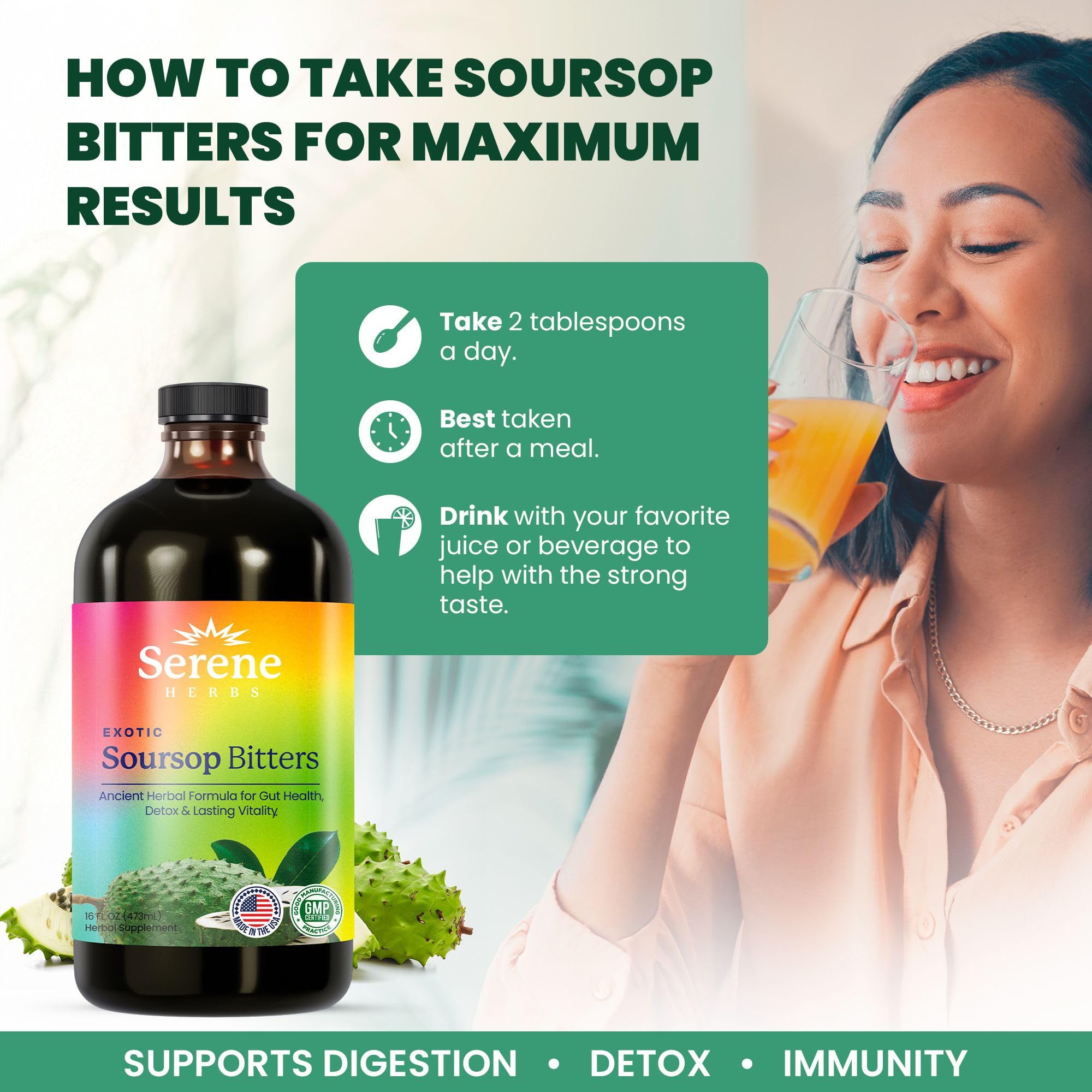 Serene Herbs - Soursop Bitters Liquid - Organic Herbal Guanabana Detox with Black Seed, Moringa & Ginger - Supports Digestive Wellness & Immune Function - 16 fl oz​