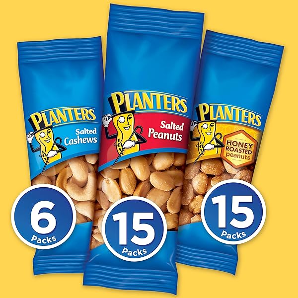PLANTERS VARIETY PACK, SALTED CASHEWS, SALTED PEANUTS & HONEY ROASTED PEANUTS, ON-THE-GO NUT SNACKS, INDIVIDUALLY PACKED SNACKS, MIXED NUTS, KOSHER, (36 COUNT)