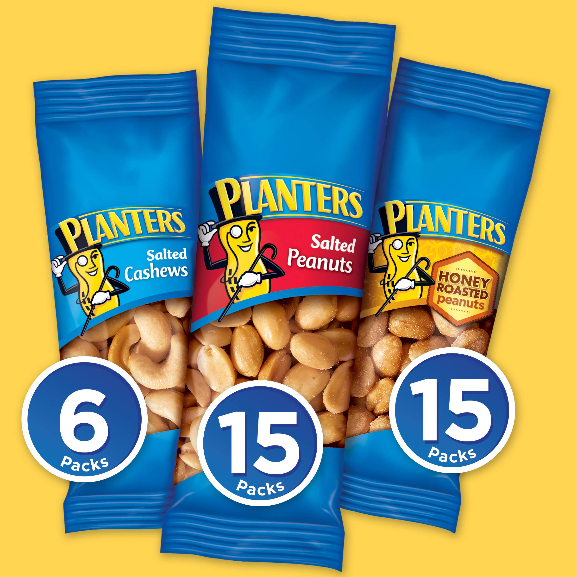 PLANTERS Variety Packs (Salted Cashews, Salted Peanuts & Honey Roasted Peanuts), 36 Packs - Individual Bags of On-the-Go Nut Snacks