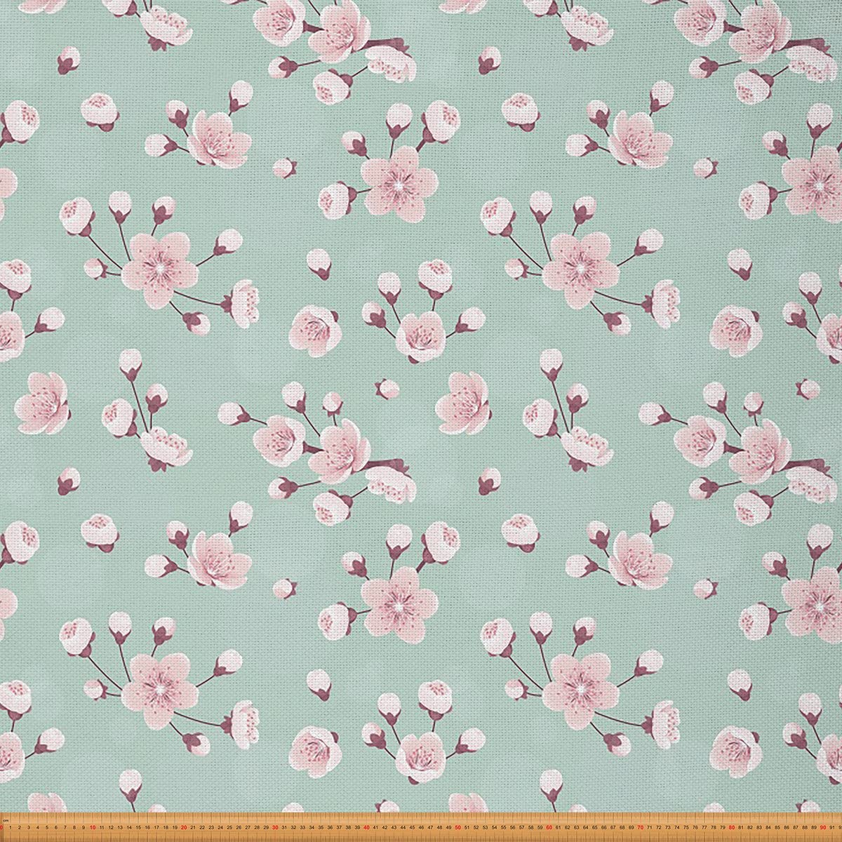 Cherry Flowers Fabric by The Yard,Spring Blossom Flowers Upholstery Fabric for Chairs,Original Botanical Retro Fabric for Upholstery and DIY Projects,1 Yard,(L92*W150cm),Green Pink