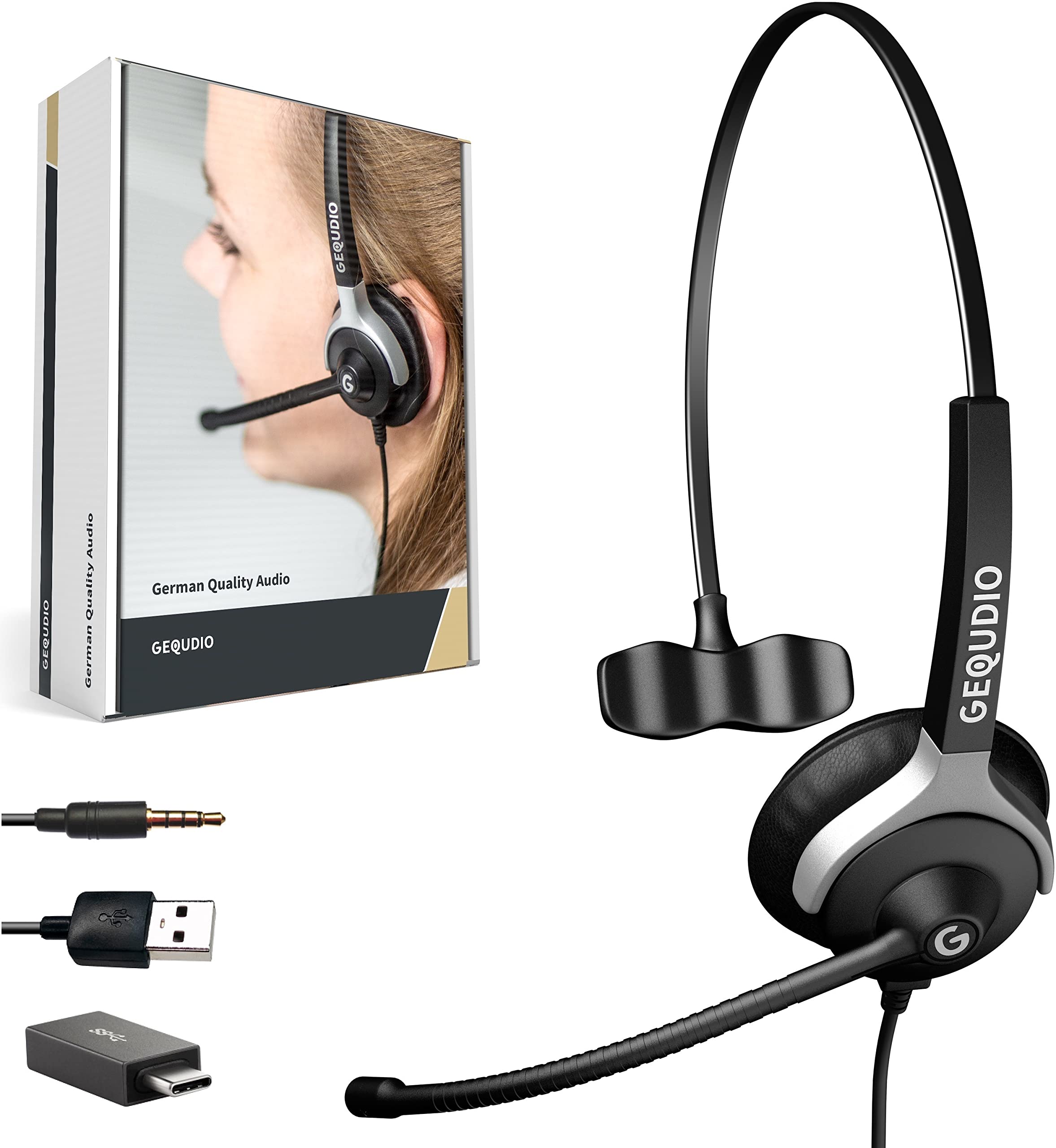 GEQUDIO WA9007 [3-in-1] Business Headset with USB-A, USB-C and 3.5 mm Jack Compatible with PC, Mac and Smartphone - Headphones and Microphone Replacement Pad - Especially Light 60 g (1-Ear), black — image 1
