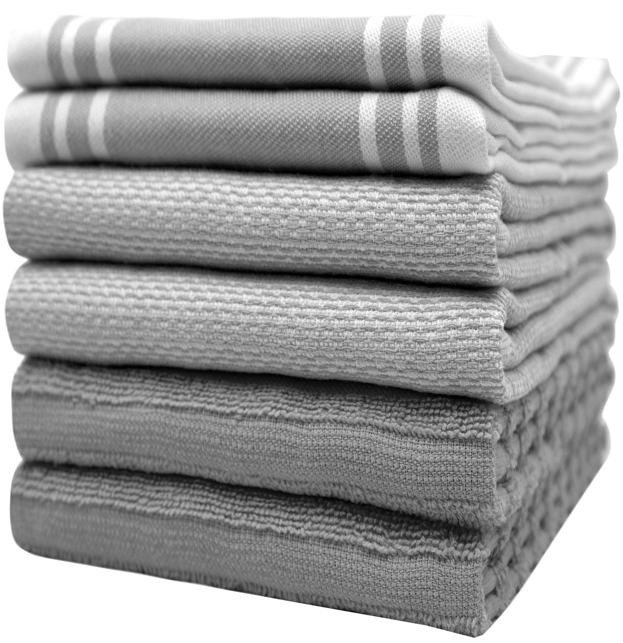 Premium Kitchen Towels (20”x 28”, 6 Pack) | Large Kitchen Hand Towels | Kitchen Towels Cotton | Flat & Terry Towel | Highly Absorbent Tea Towels Set with Hanging Loop | Wide Stripe Grey
