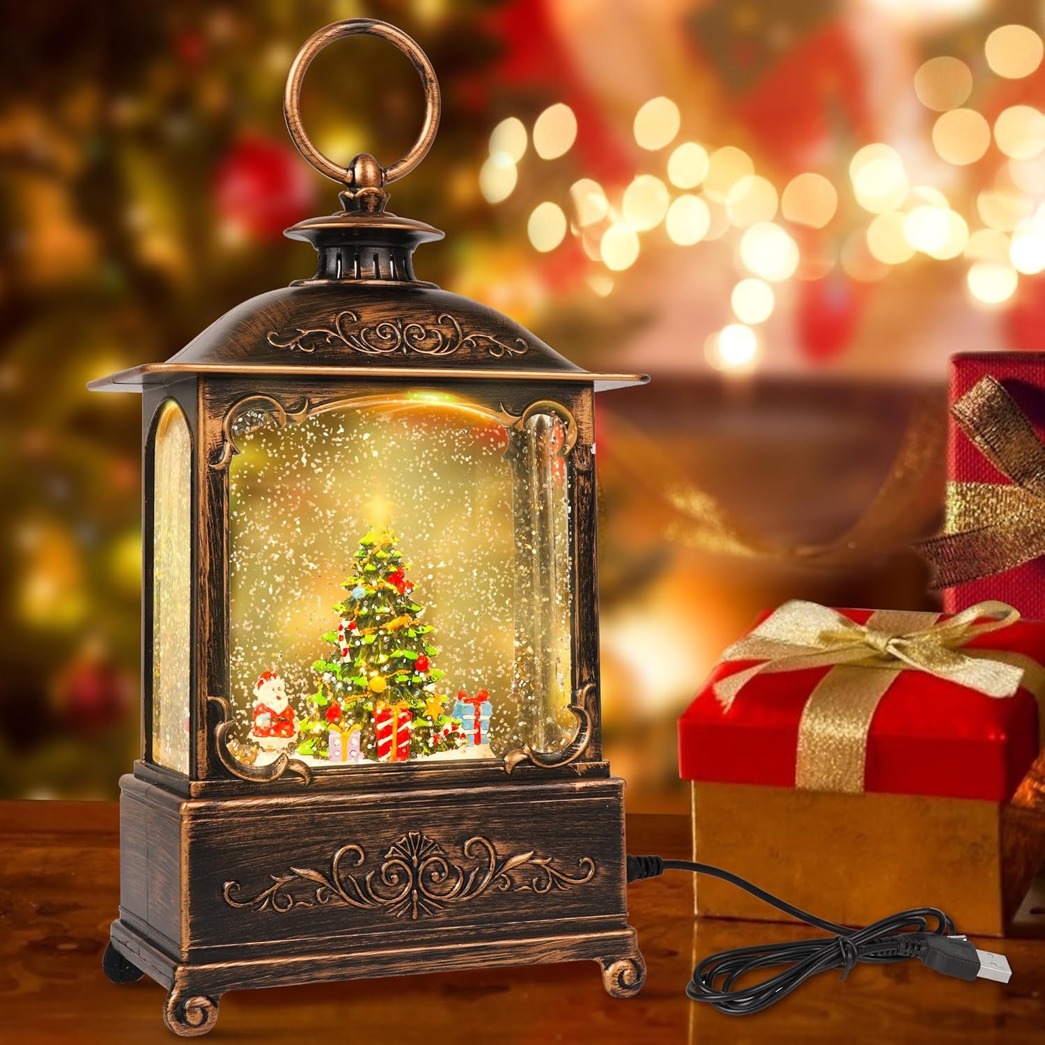 Snow Globes - Christmas Lighted Water Lantern USB Power Snowing Water Glitters Lighted Singing Snow Globe Lantern Christmas with 6H Timer, Musical LED Lighted Scene for Christmas Home Decoration Gift (Xmas Tree)