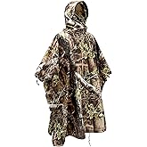 AUSCAMOTEK Camouflage Rain Poncho Hooded Waterproof Camo Raincoat with Blind Pattern for Hunting Hiking Camping Fishing