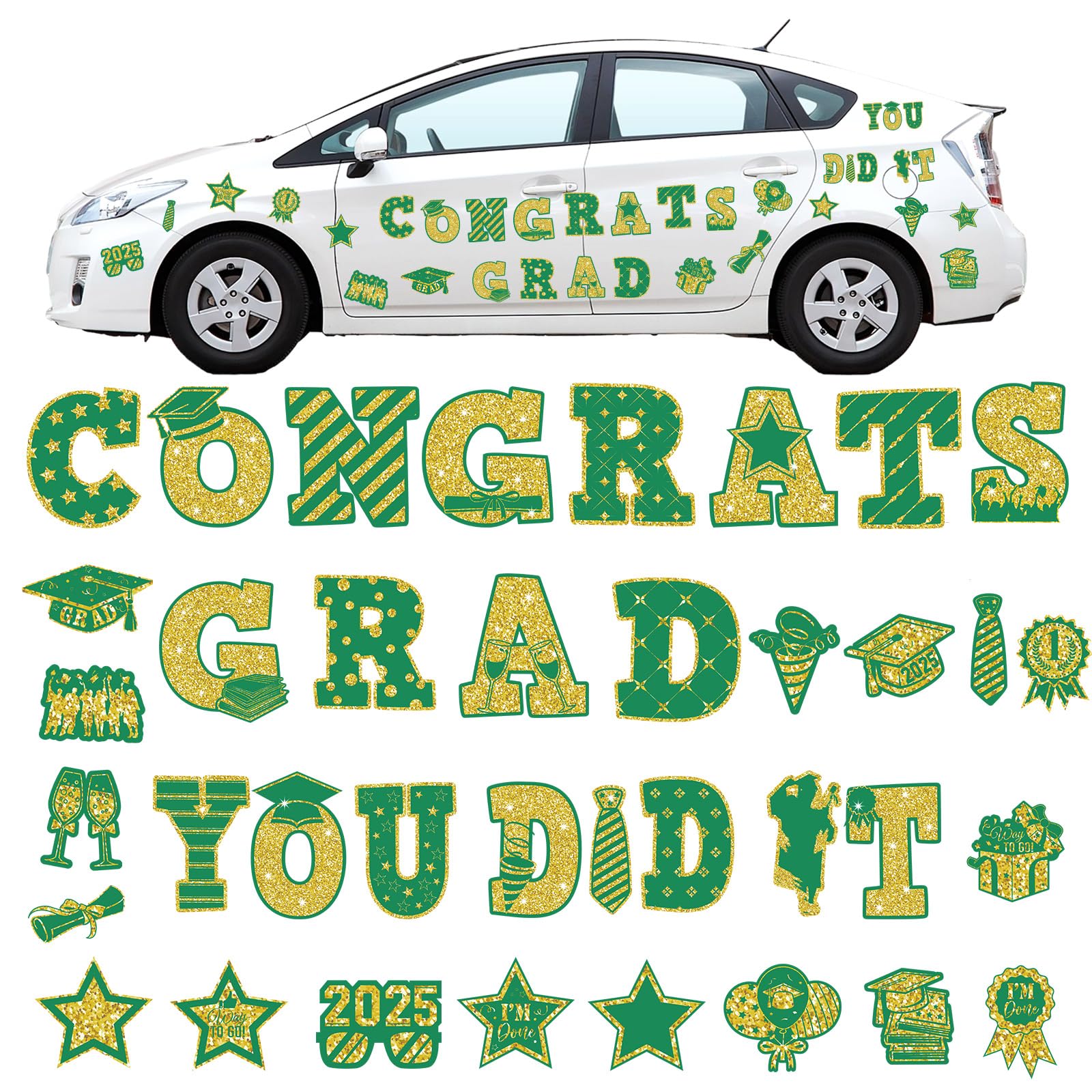 Photo 1 of 37 Pcs Graduation Car Magnets Decorations Graduation Car Stickers 2025, Congrats Grad Magnets Class of 2025 Magnetic Sticker for Cruise Door Fridge Garage Mailbox Party(Multiple Size,Green Gold)