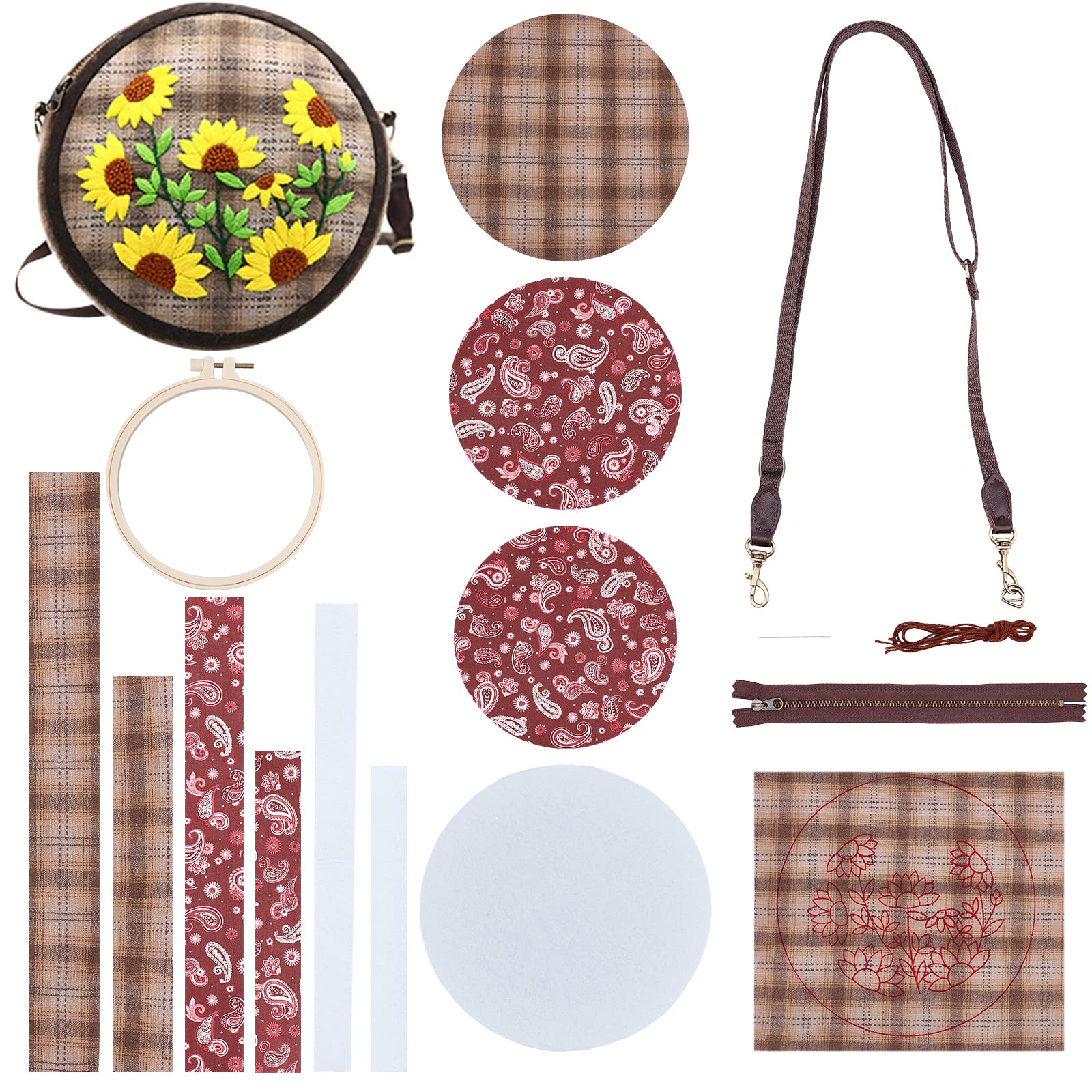 WADORN DIY Round Crossbody Embroidery Kit, Circular Shoulder Bag Cross Stitch Tool Kit with Instruction Sunflower Pattern Handmade Purse Needlework Sewing All Materials for Adults Craft Mother's Gift
