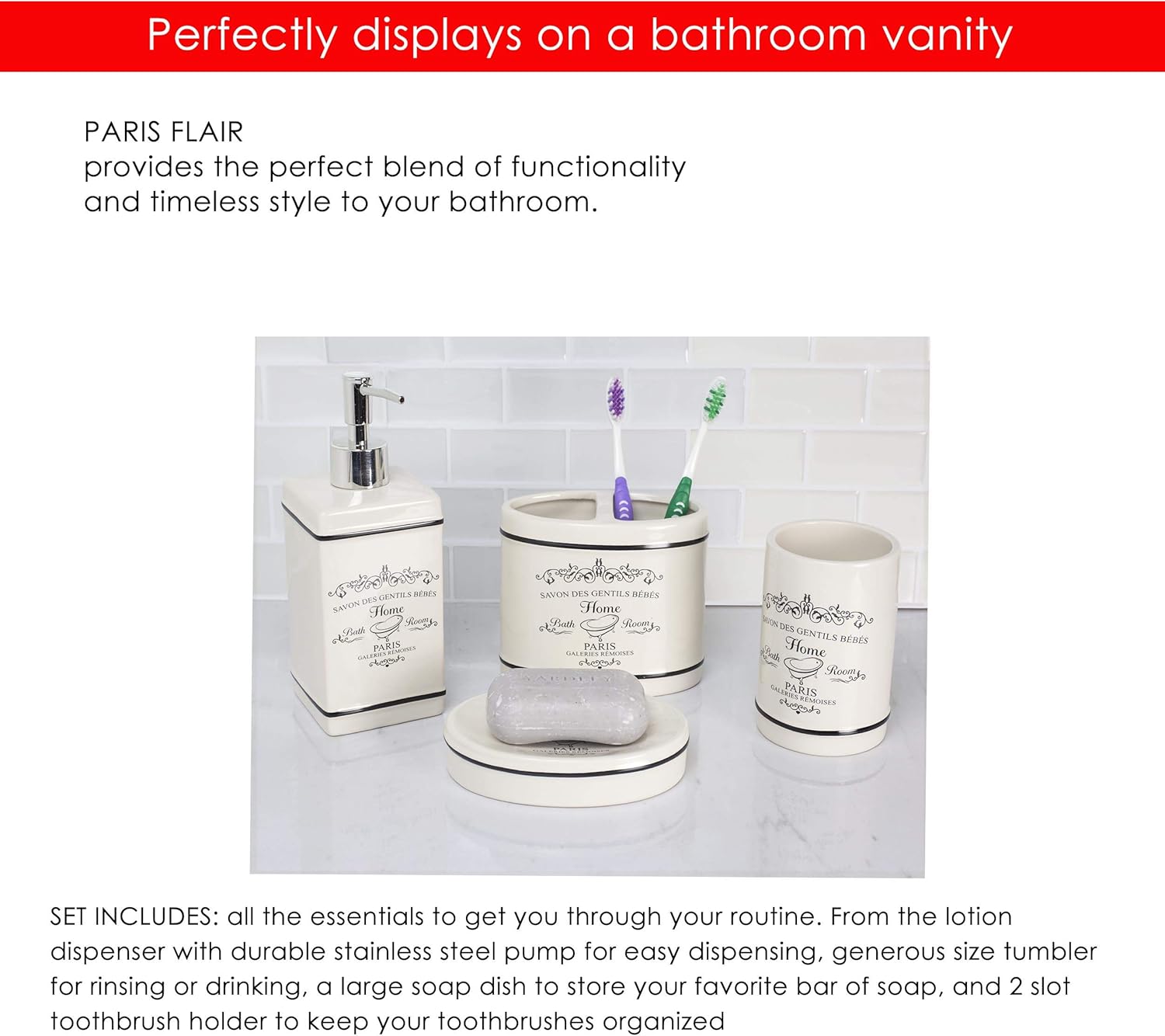 Home Basics Paris Collection 4 Piece Bathroom Accessories Set Featuring a Soap Dispenser, Toothbrush Holder, Tumbler, and Soap Dish: Kitchen & Dining