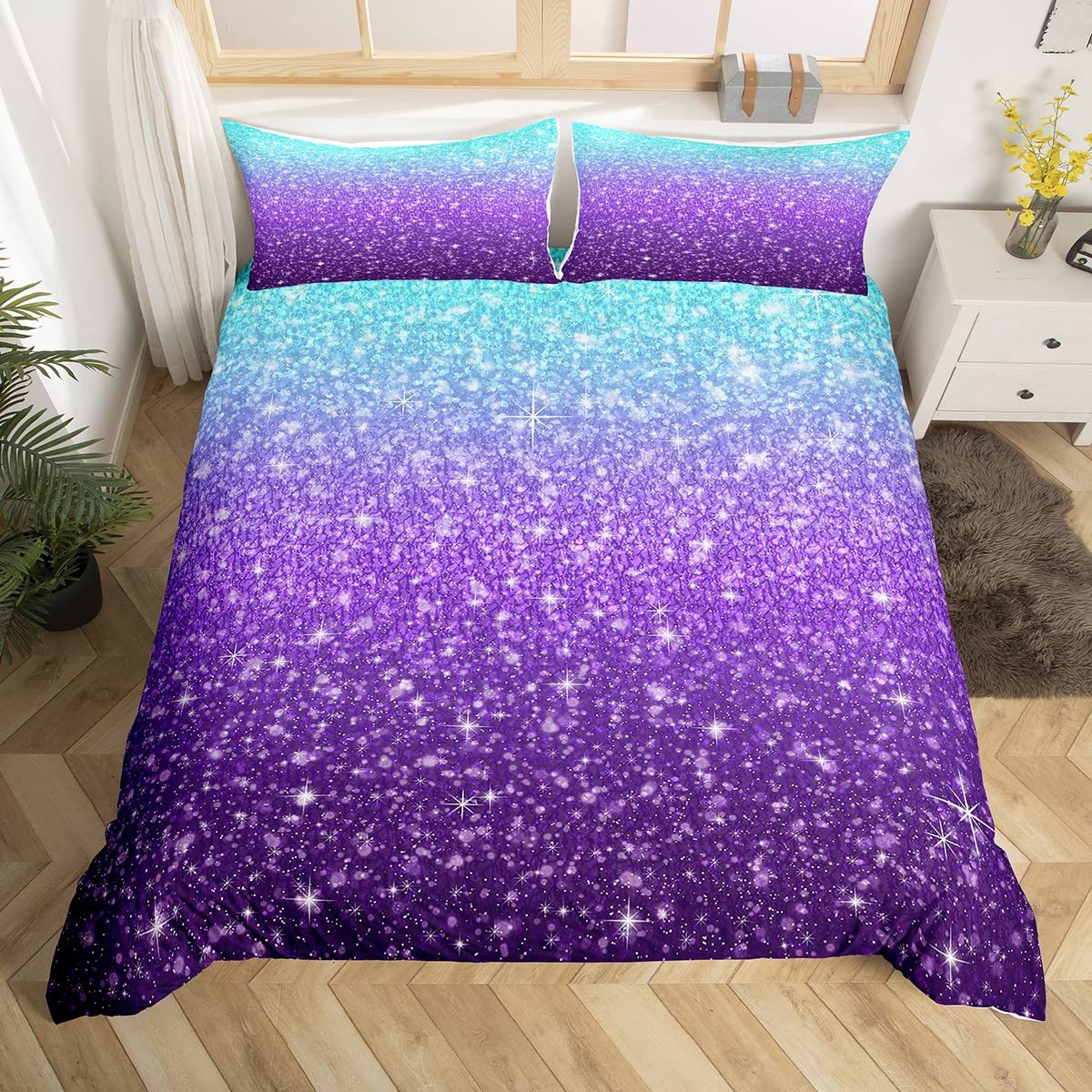 Magical Fantasy Duvet Cover Colorful Glitter Blue Purple Bedding Set Trendy Gradient Comforter Cover for Boys Girls Bedspread Cover Single