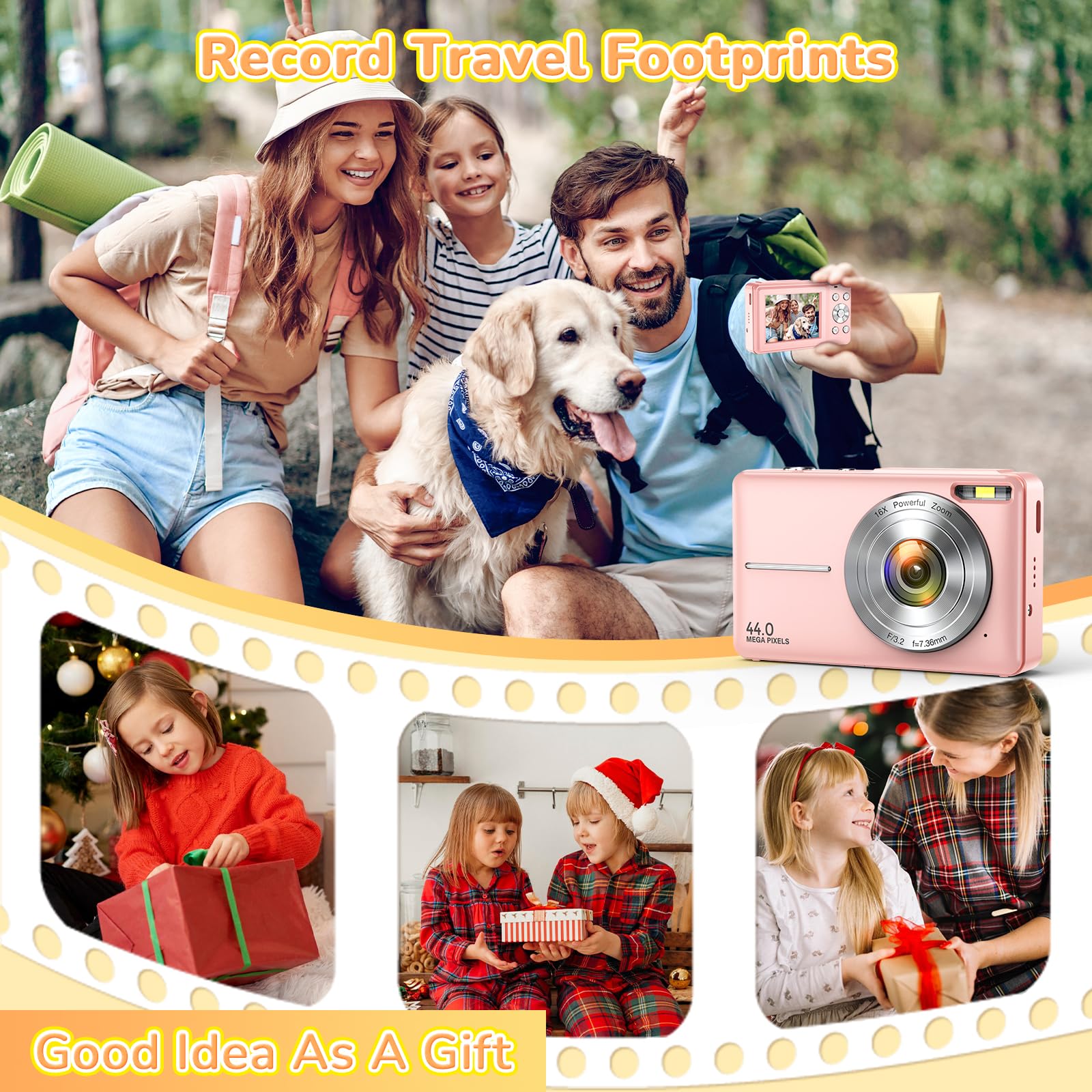Digital Camera, Jukanur Upgraded FHD 1080P Digital Camera for Kids with 16X Zoom, Flashlight, 32GB Card, 44MP Point and Shoot Camera Compact Small Selfie Camera for Girls, Boys, Teens, Students,Pink