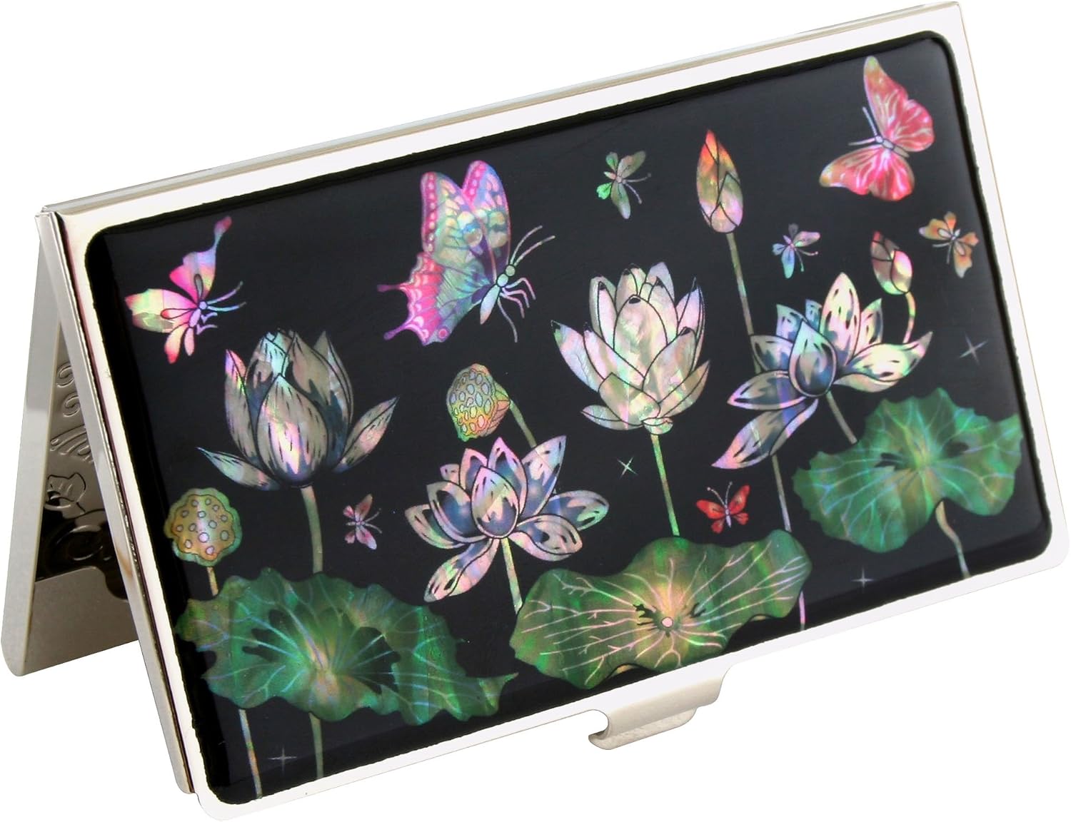Amazon Com Mother Of Pearl Metal White Lotus Flower Design Black Business Credit Name Id Card Holder Case Stainless Steel Engraved Slim Purse Pocket Cash Money Wallet Office Products
