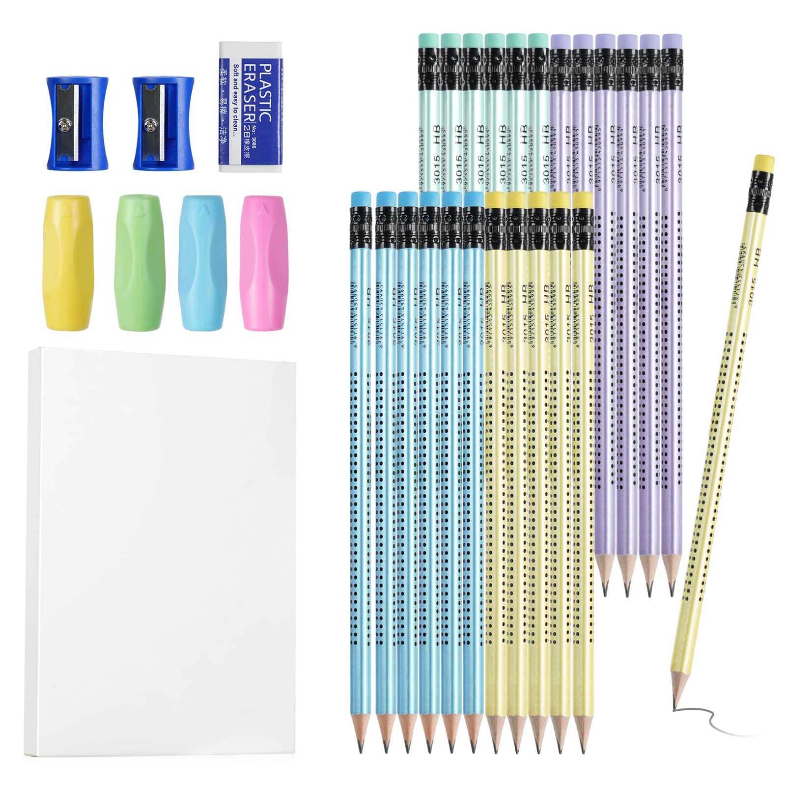 OFFCUP HB Pencils Set - 24 Presharpened Writing Implements with Rubber Ends, 4 Holders, 2 Sharpeners for School Children’s Handwriting and Drawing