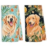 Pugwak Cute Dog Golden Retriever Kitchen Dish Towels 16x24 Inch, Gifts for Dog Mom Lovers, Flower Puppies Kitchen Towel, Golden Retriever Floral Decorative Hand Towels Tea Towels for Home