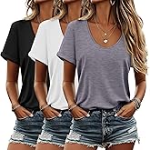 Riyiper 3 Pack Women's V Neck Shirt, Summer Rolled Sleeve Solid Tops Casual Loose Tees Lightweight Basic Soft Tshirt