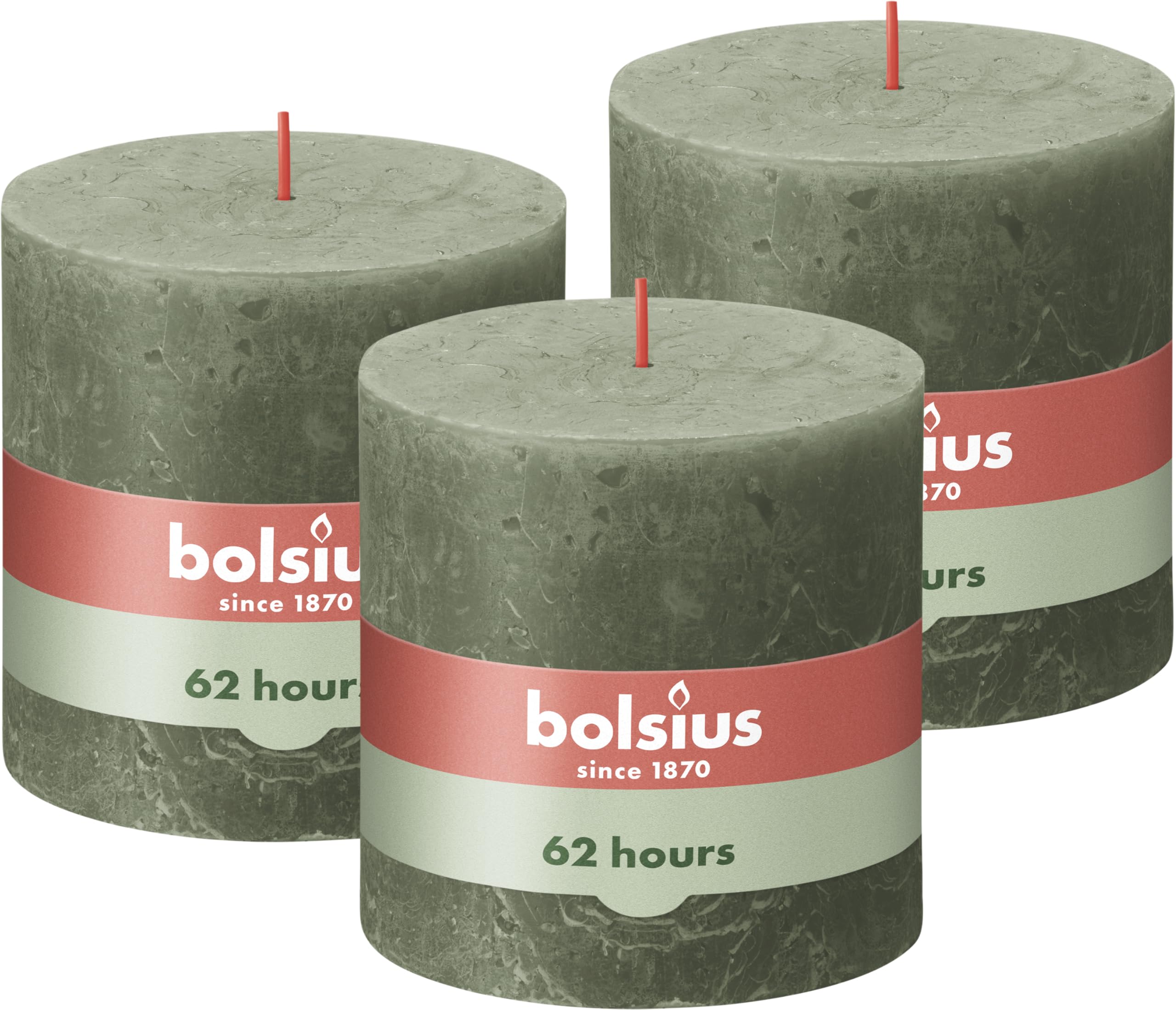 Bolsius Rustic Pillar Candle XXL - Dark Green - Pack of 3 - Long Burning Time of 62 Hours - Interior - Unscented - Includes Natural Vegan Wax - No Palm Oil - 10 x 10 cm