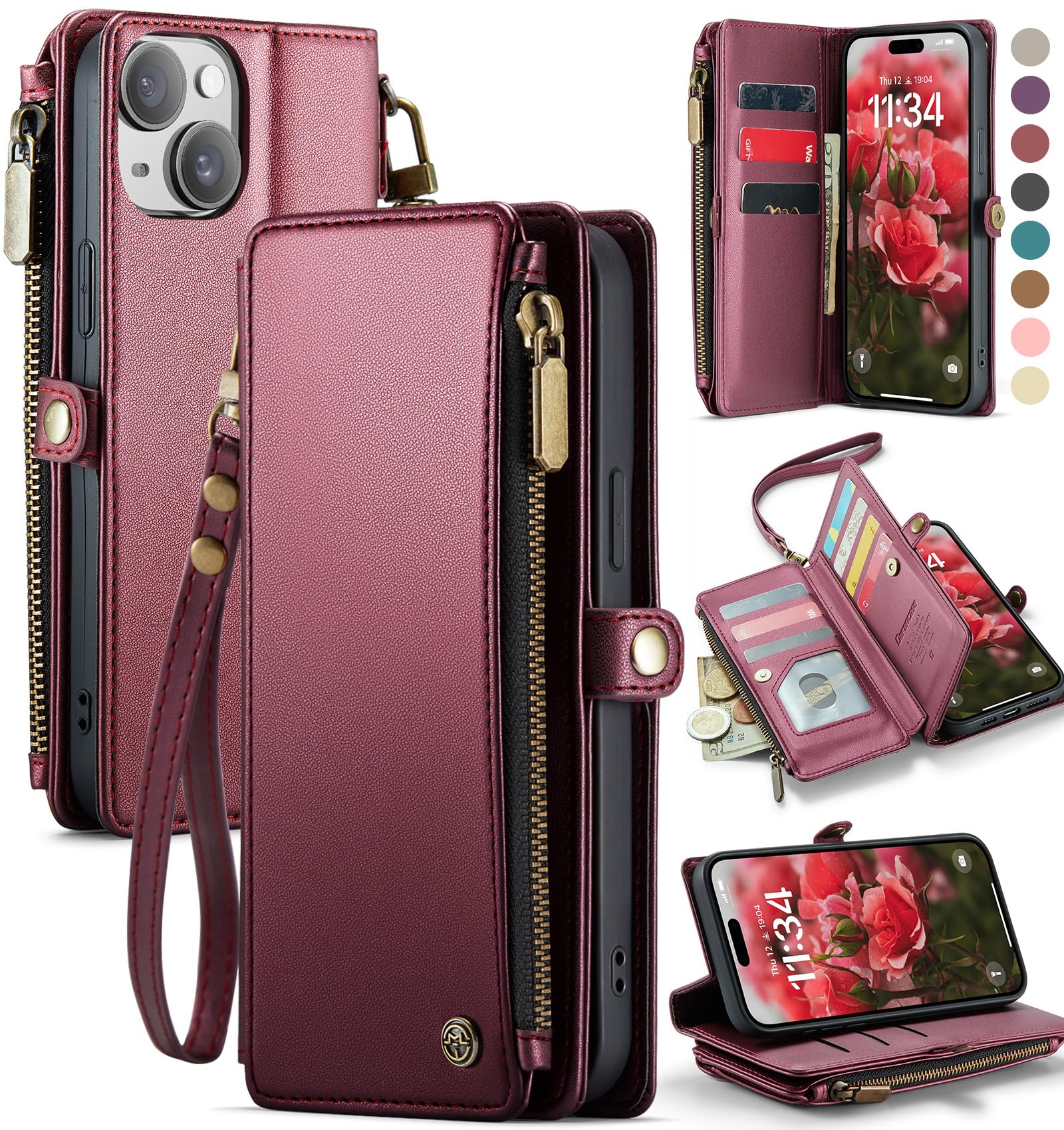Photo 1 of Defencase Compatible with iPhone 15 Plus Case Wallet with RFID Blocking Card Holder for Women Men, PU Leather Magnetic Snap Flip Zipper Strap Wallet Phone Case Fit for iPhone 15 Plus 6.7", Wine Red