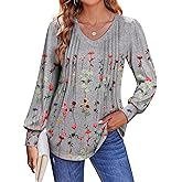 Zeagoo Women's Puff Long Sleeve Shirts Pleated V Neck Fall Tunic Tops Blouse Dressy Casual Summer T-Shirts