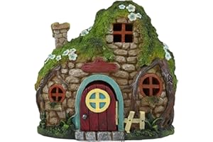EBROS GIFT Ebros LED Light Up Miniature Enchanted Fairy Garden Cozy Stone Cottage House with Moving Door and Chimney Figurine Made of Resin Fairies Pixies DIY Mini Whimsical Display Home Decor Statue Sculpture