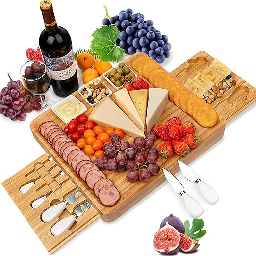 Amazon Com Cheese Board And Knife Set Bamboo Charcuterie Boards Large Extra Meat Charcuttery Platter Serving Tray For Housewarming Thanksgiving Personalized Holiday Christmas Birthday Wedding Party Gifts Ideas Cheese Plates