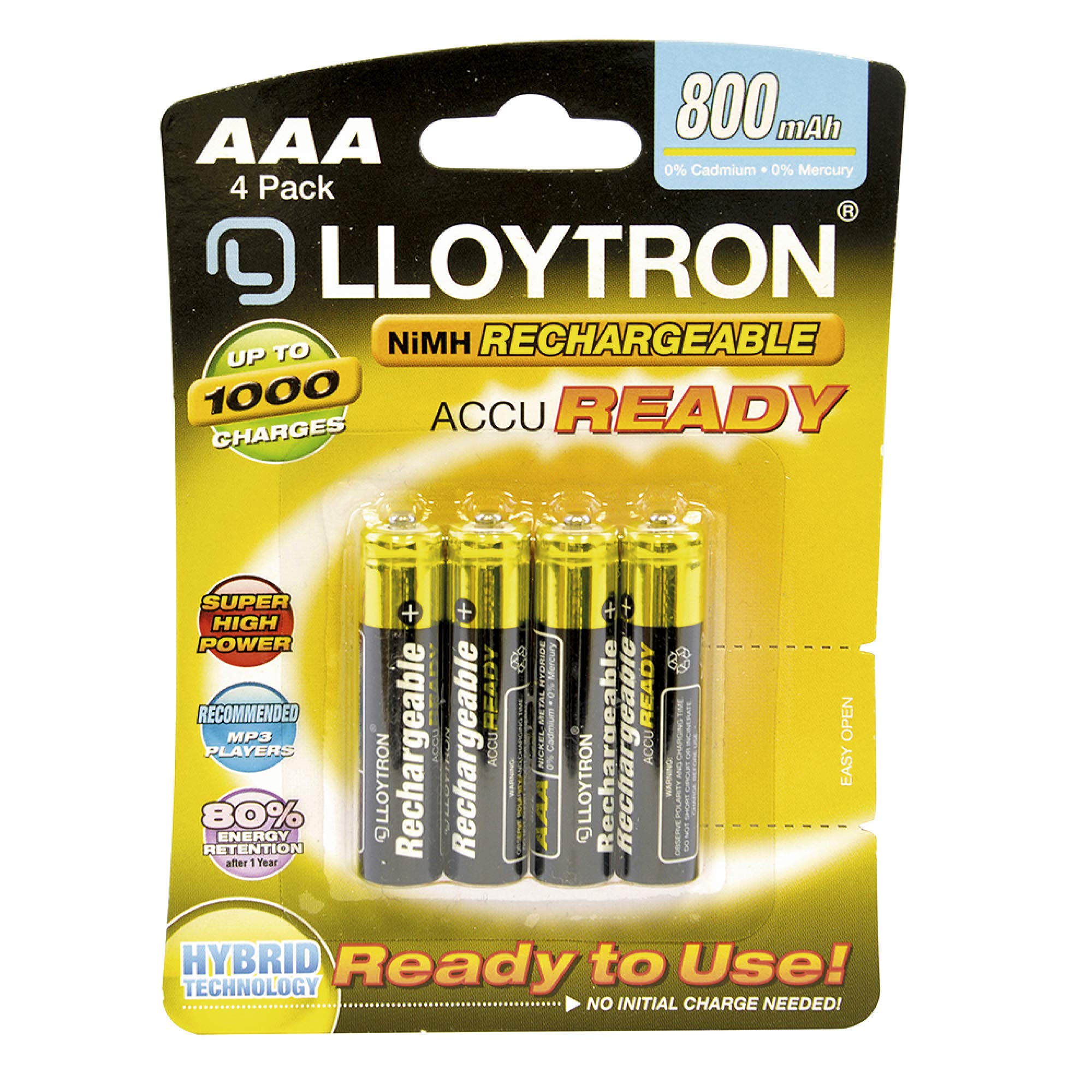 LLOYTRON NiMH Rechargeable AccuReady Batteries / AAA Size / 800mAh / Ready to Use/ 4 Pack - B009