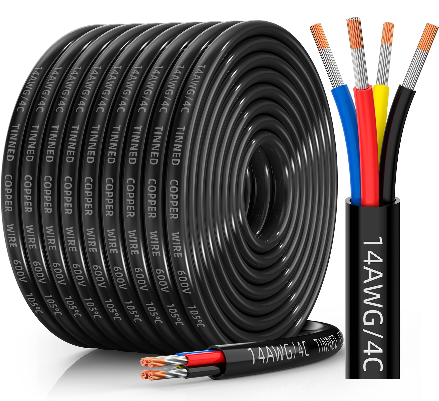 Photo 1 of CONEPY 14 Gauge Wire 4 Conductor Electrical Wire, 14 AWG Tinned Copper Stranded PVC Cable, IP68 Waterproof/Flexible/Low Voltage Cord for Automotive, RV, Marine, Solar, LED Lighting(50FT)