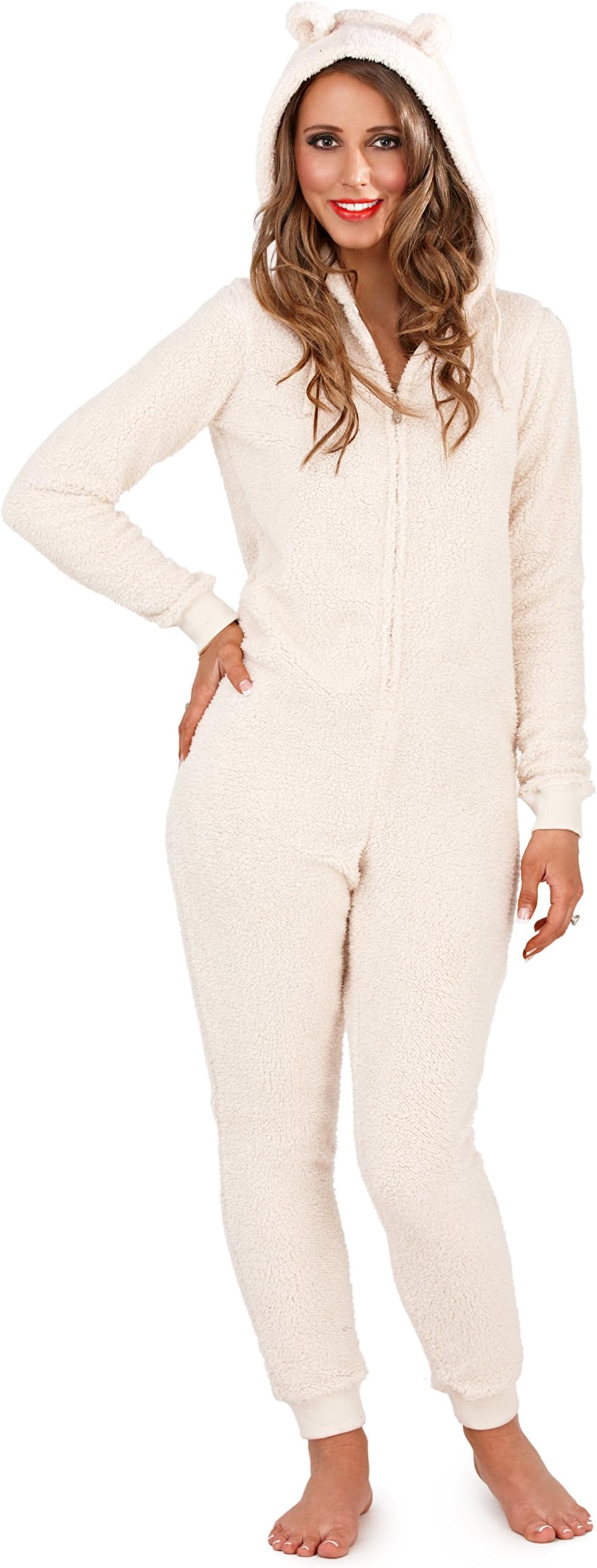 Soft and Cuddly Womens Sherpa Fleece Onesie with Hood and Ears, Grey or Ultraviolet