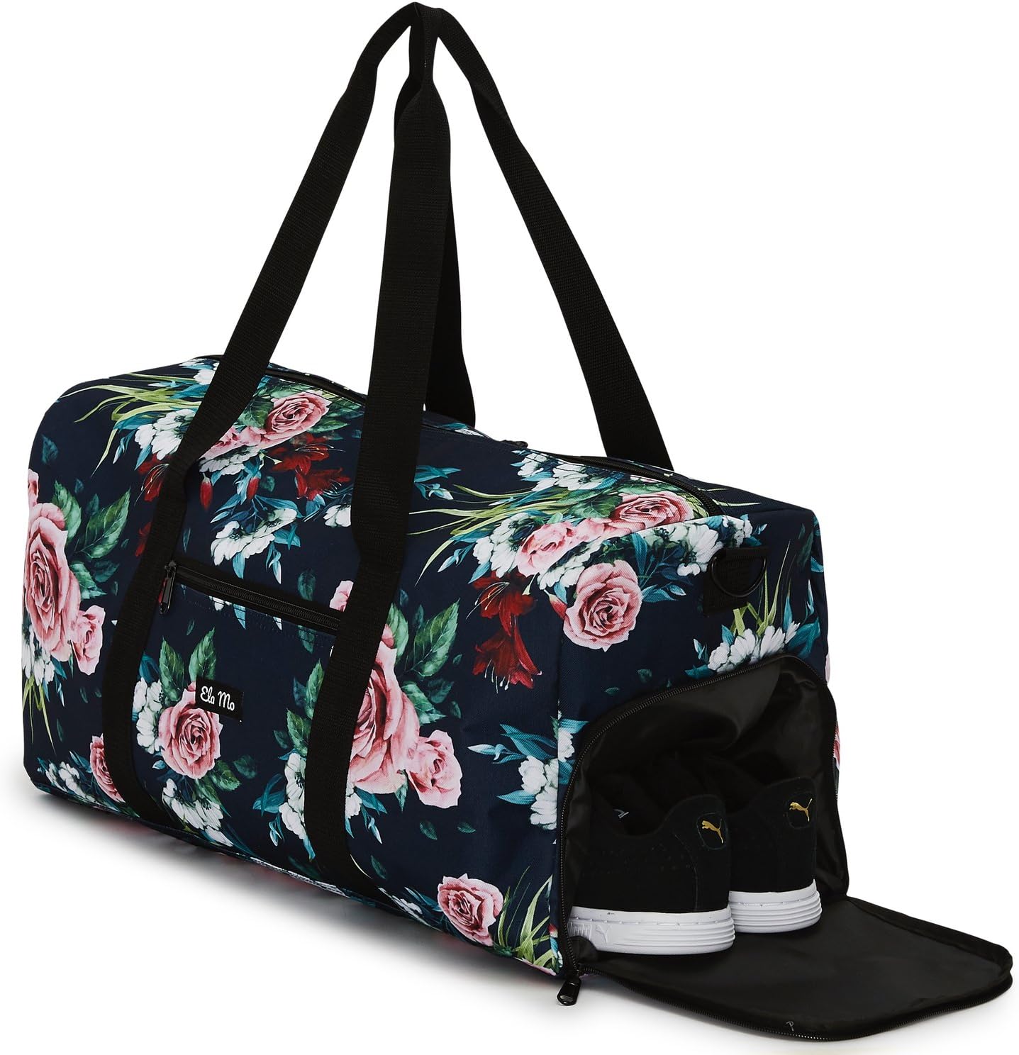 Ela Mo's Elegant Sports Bag with Shoe Compartment | 38 Litre Hand Luggage Weekender | Travel Bag for Men and Women | in 6 Trendy Designs, A Rose is A Rose, L