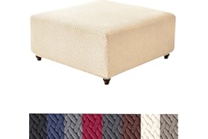 HFCNMY Ottoman Cover Square,Stretch Knitted Jacquard Ottoman Cover Thick Ottoman Slipcover Square Washable Storage Foot Stool Cover with Elastic Bottom Beige Large