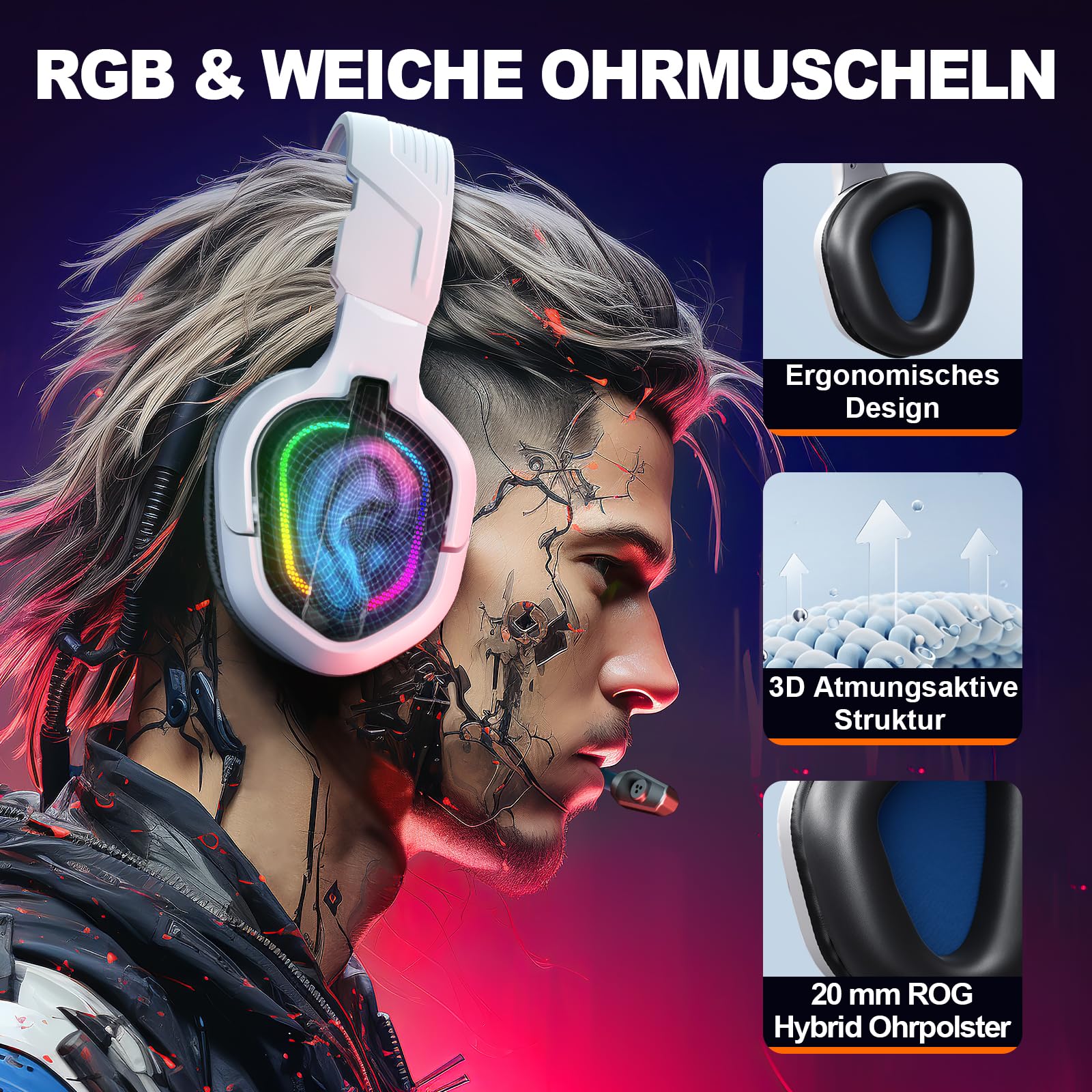Krysenix PG2 RGB Gaming Headset für PS4, PS5, PC, Xbox,Switch,Ps5 Gaming Headset mit Mikrofon, Over-Ear Kopfhörer,Ps4 Kopfhörer mit 3,5mm Klinke,Hell Blau 2