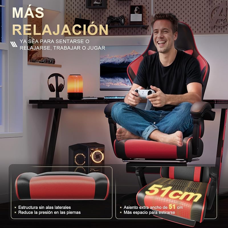 Cadeira profissional de gaming com massageador, cadeira de gaming em PU com apoio de cabeça e apoio, cadeira ergonómica de escritório com massagem lombar, reclinável entre 90-150° e capacidade de 150KG vermelho-preto
