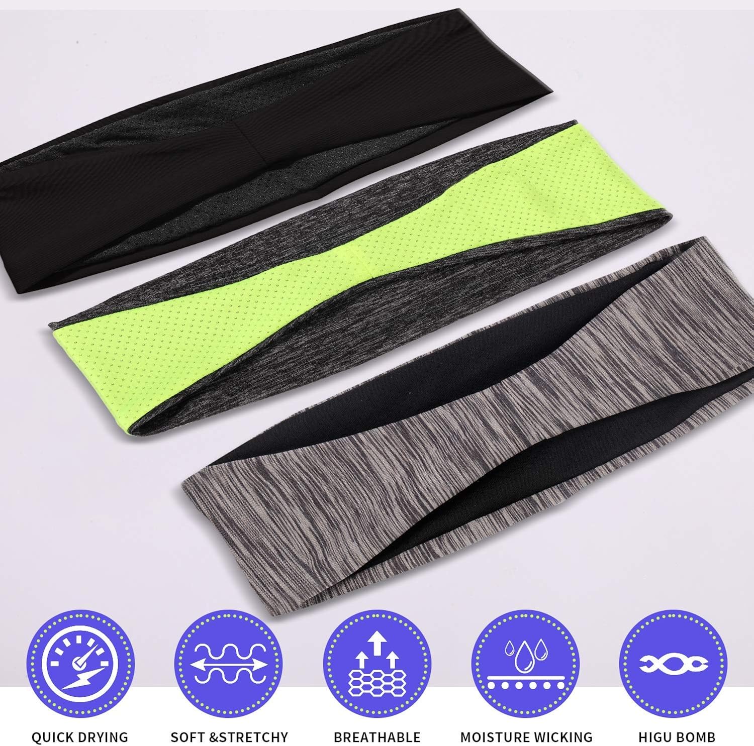 Braylin Men's Headbands, 3 Pack Sweat Workout Headbands for Men, Sport Cooling Headbands for Running Crossfit Fitness Yoga Cycling Hiking, Elastic Sweat Wicking Non Slip : Clothing