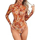 SweatyRocks Women's Mock Neck Leopard Long Sleeve Mesh Bodysuit Leotard
