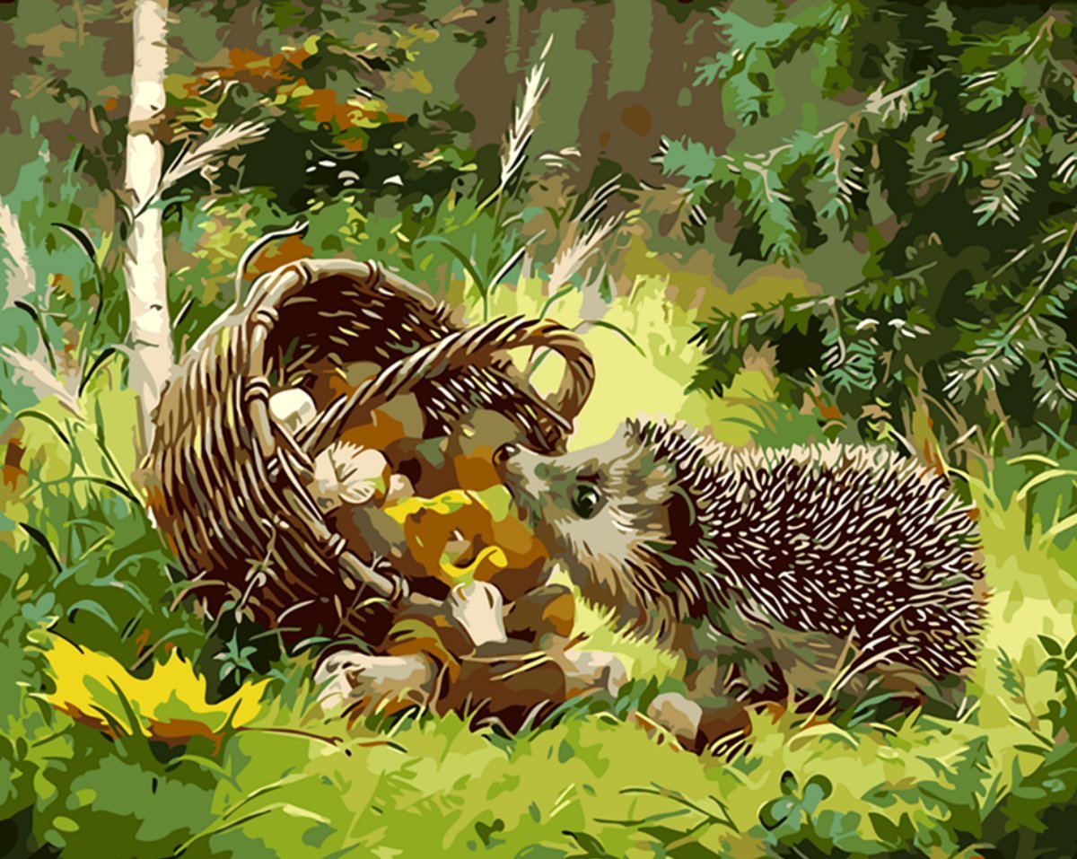 YEESAM ART Paint by Numbers for Adults Beginners Green Stream Creek 16x20 inch Linen Canvas Acrylic DIY Number Painting Kits Wall Art Decor Gifts (Framed, Hedgehog Mushroom Forest)