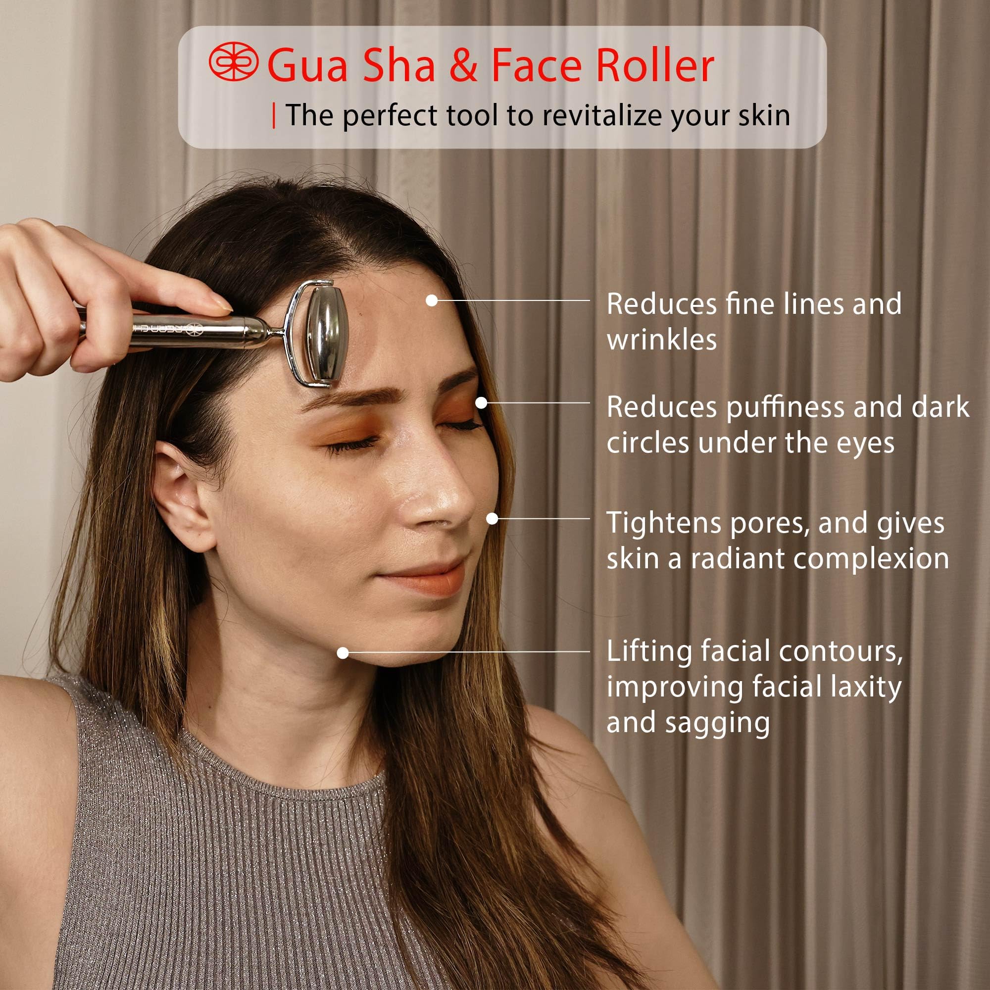 Rena Chris Gua Sha and Face Roller Set: Anti-Breakage Stainless Steel Roller for Long-Lasting Use, Jawline Sculpting and Puffiness Reducing, Gua Sha Facial Tools for Self Care Gift (Silver)