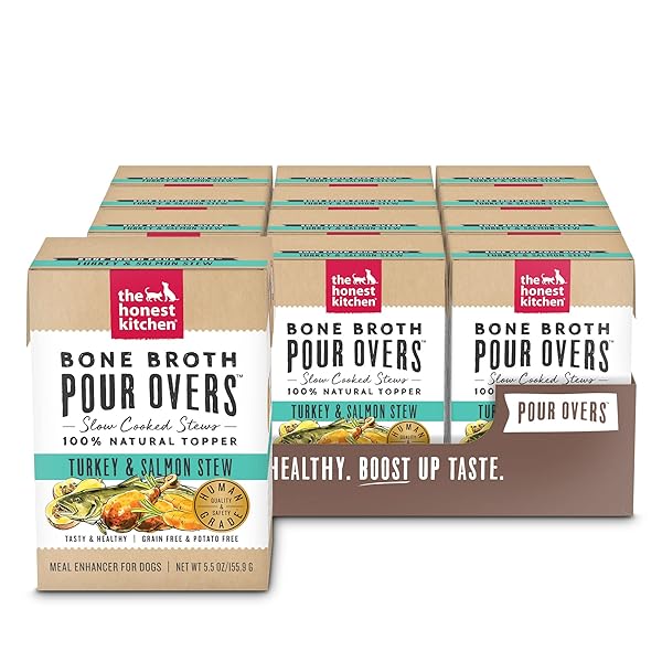 THE HONEST KITCHEN BONE BROTH POUR OVERS™ WET TOPPERS FOR DOGS (12 PACK), 5.5OZ – TURKEY & SALMON STEW