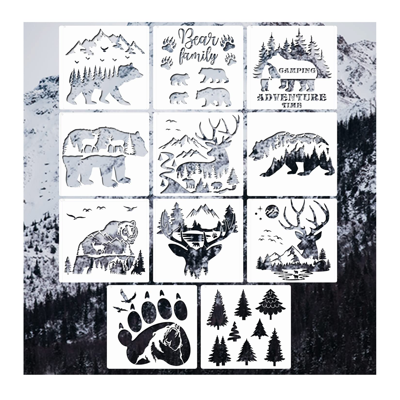 Photo 1 of 11 Pcs Deer Stencils Forest Mountain Tree Deer Head Stencils for Wood Burning Stencil Template for Painting on Wood Crafts Home Decors (Bear)