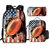 3PCS Football Backpack for Boys Girls Teens, School Backpack with Lunch Box Pencil Case for Elementary Middle High Students, 17 Inch Lightweight Bookpack 3 in 1 Set Back to Shool Supplies for Kids