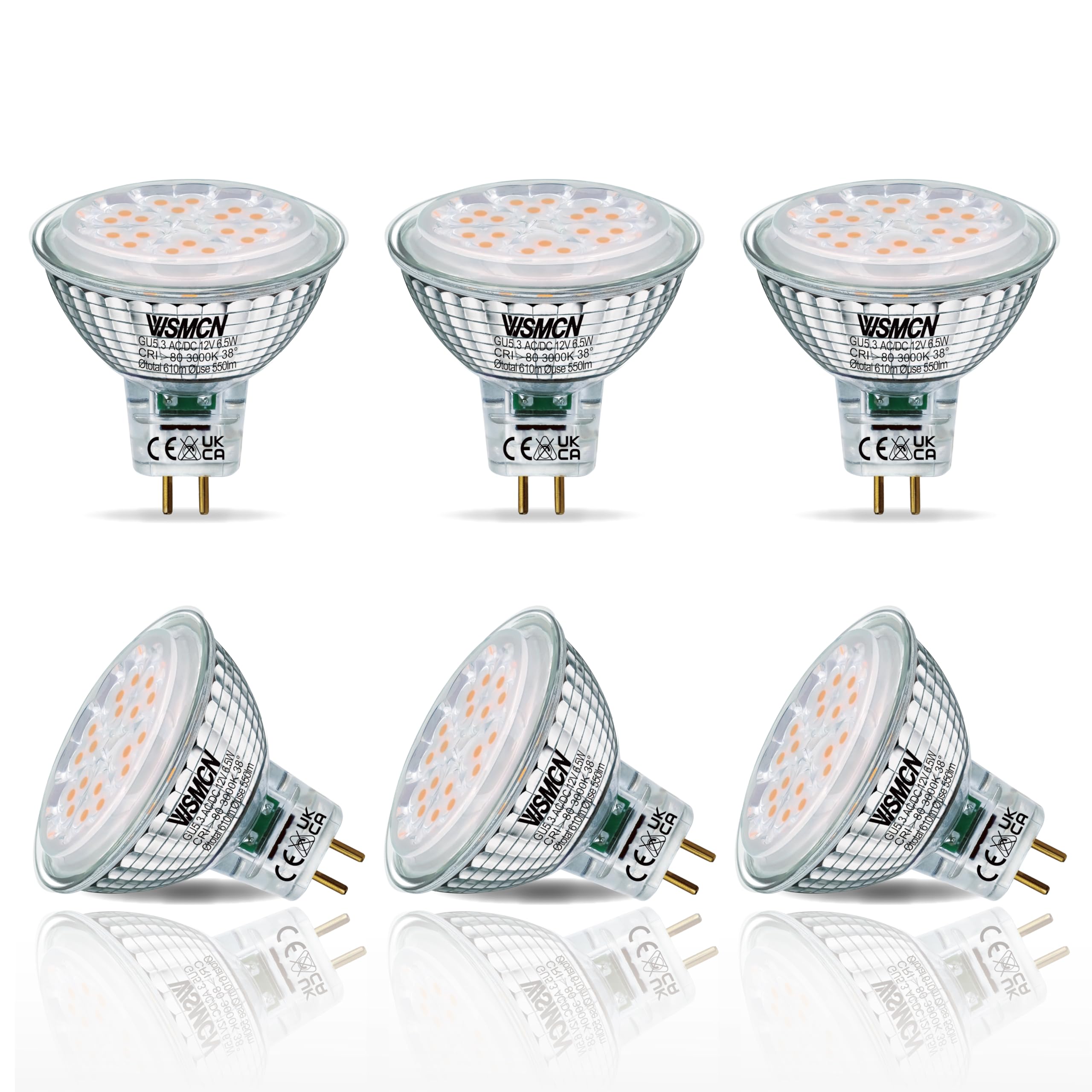 WSMCN MR16 GU5.3 LED Light Bulbs, Warm White 3000K, 6.5W Equivalent to 50W Halogen, Bi-Pin Base 12V 610LM, Non Dimmable, 38° Beam Angle Spotlight, Pack of 6 — image 1